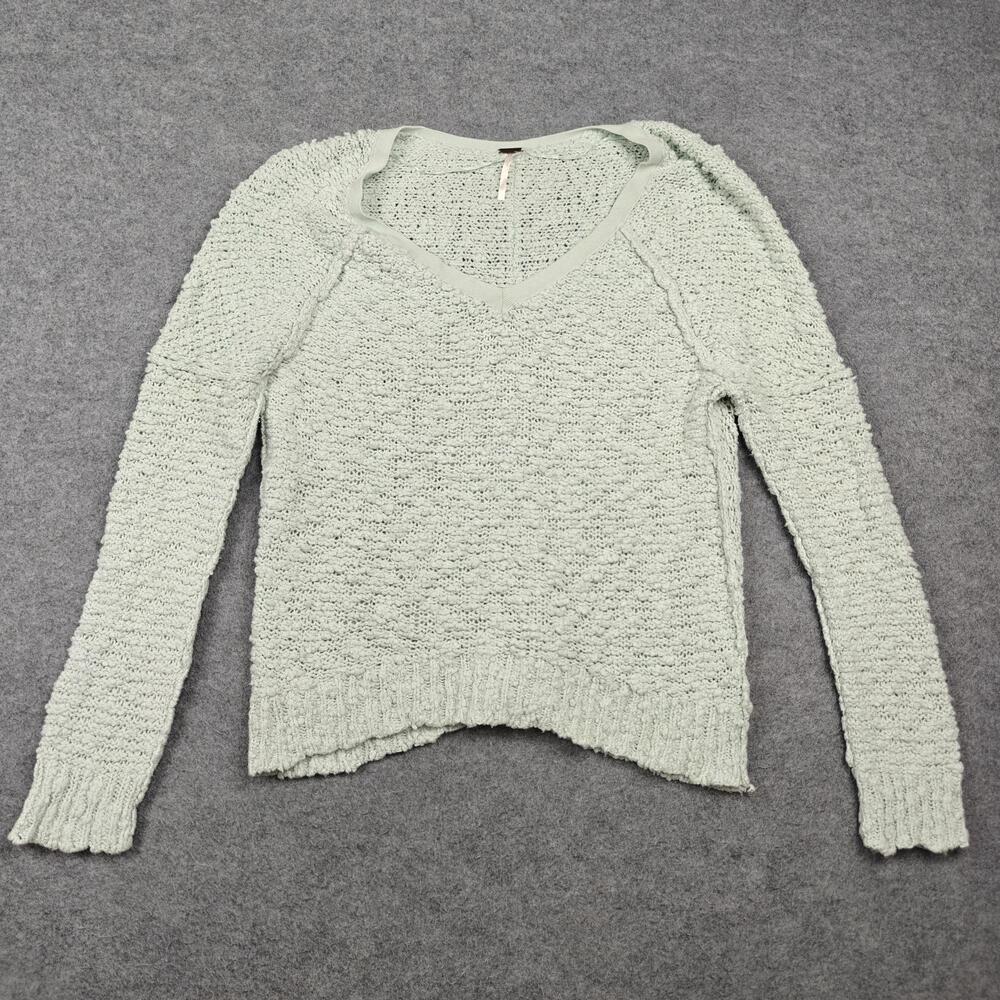 Free People Sweater Pullover Womens XS Green Chunky-Knit V-Neck Raglan